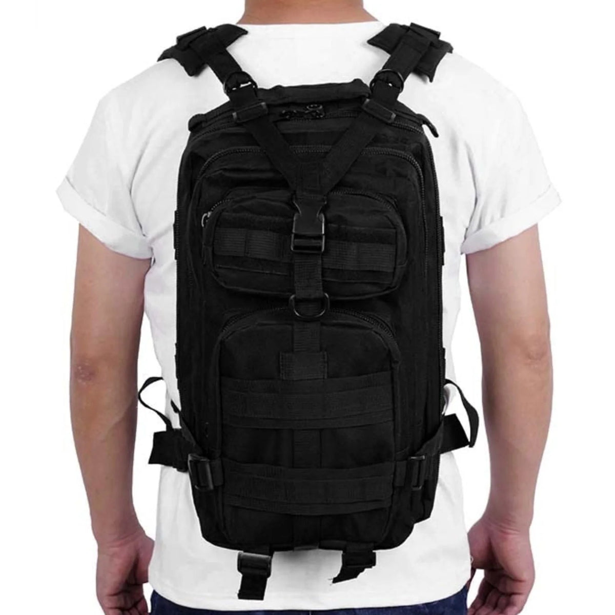 Tactical Backpack worn to show its compact size on the body