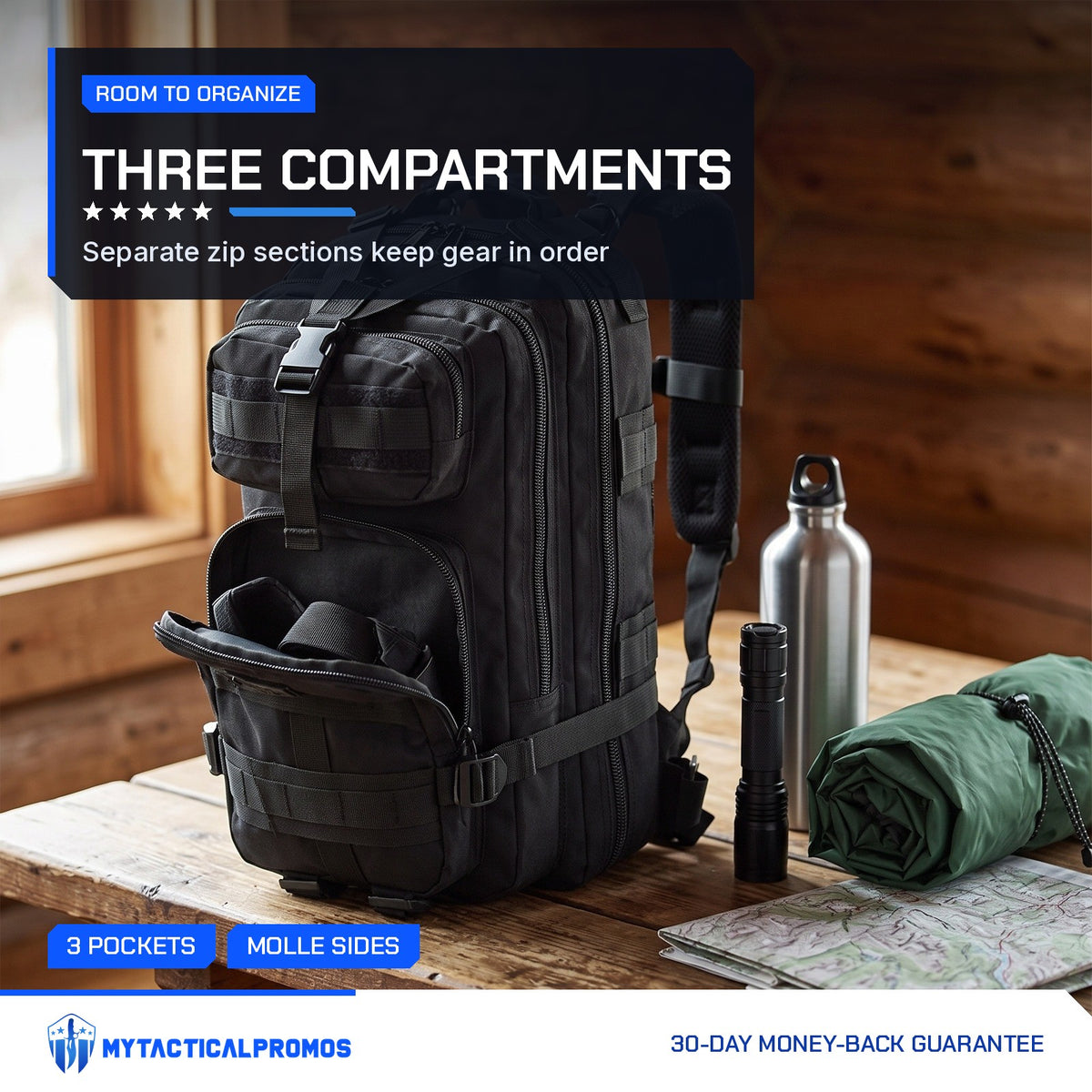 Tactical Backpack open on a cabin table with a bottle, flashlight and map