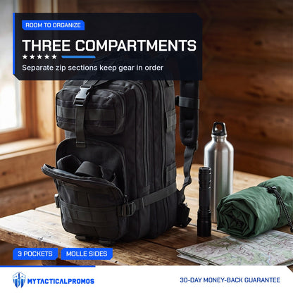 Tactical Backpack open on a cabin table with a bottle, flashlight and map