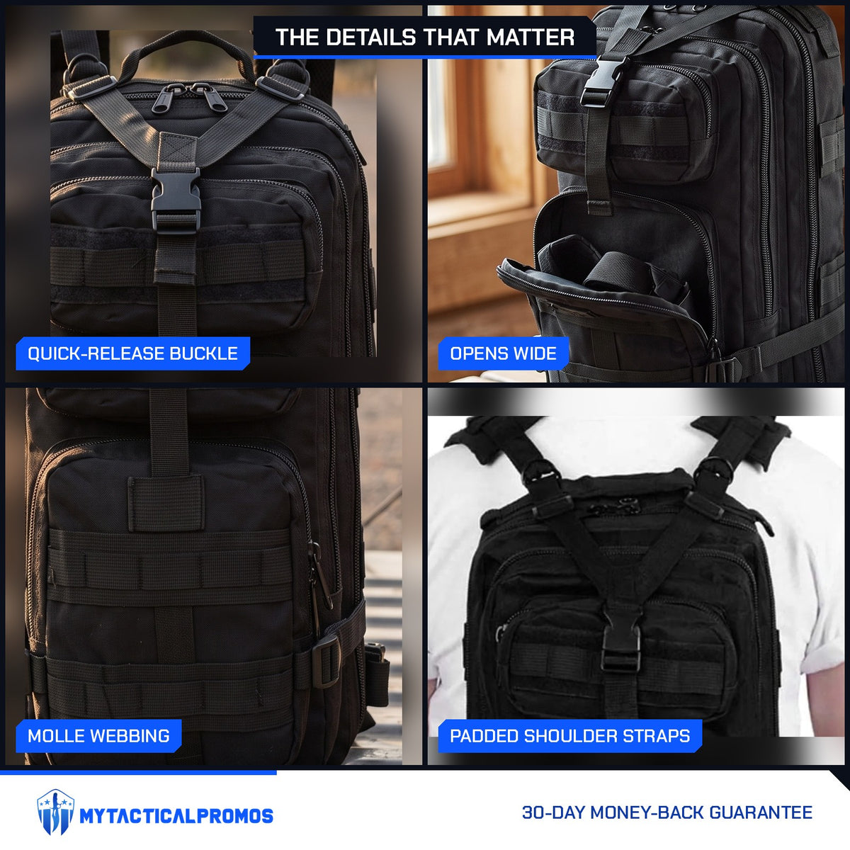 Tactical Backpack close-ups: quick-release buckle, wide-opening compartment, MOLLE webbing, padded shoulder straps