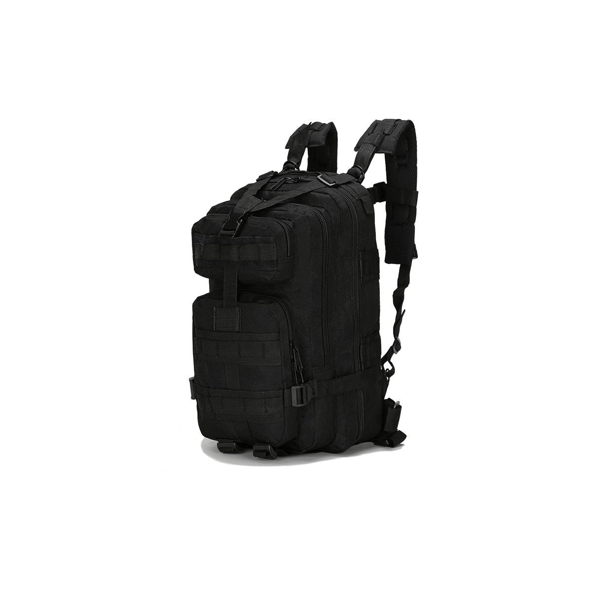Tactical Backpack three-quarter side view on white showing MOLLE sides and straps