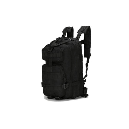 Tactical Backpack three-quarter side view on white showing MOLLE sides and straps