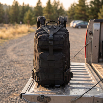 Tactical Backpack standing on a pickup tailgate by a gravel road