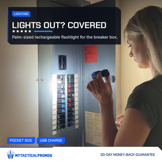 Tactical Flashlight lighting a breaker panel in a power outage