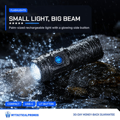 Tactical Flashlight switched on among wet rocks in the rain