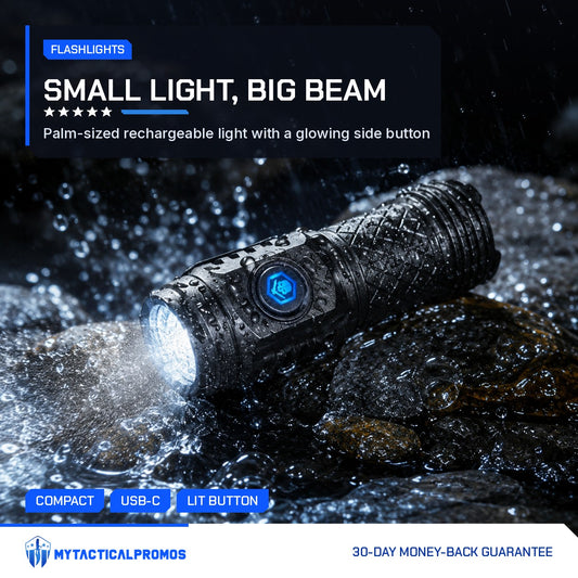 Tactical Flashlight switched on among wet rocks in the rain