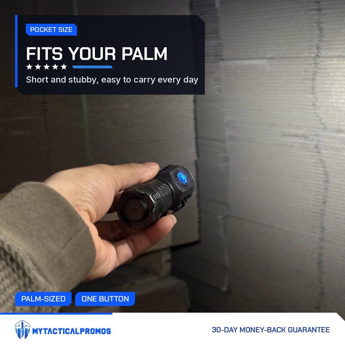 Hand holding the Tactical Flashlight, its beam lighting a wall
