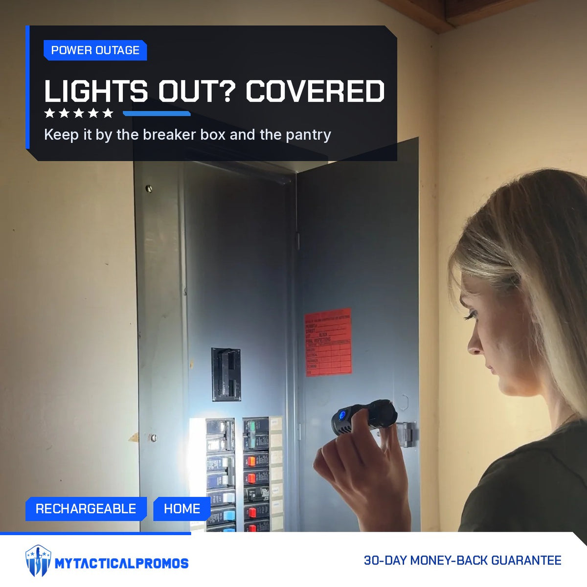 Woman shining the Tactical Flashlight into a breaker panel during an outage