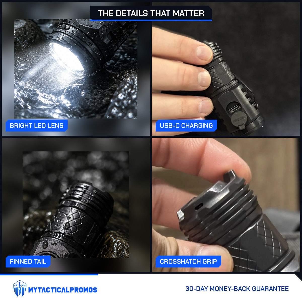 Tactical Flashlight close-ups: bright LED lens, USB-C charging port, finned tail, crosshatch grip