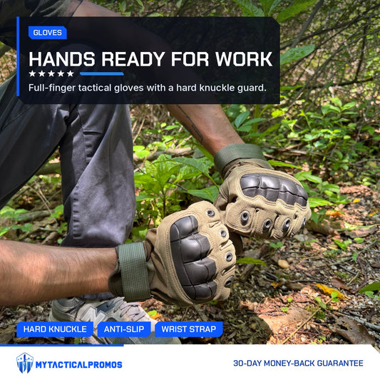 Tactical Gloves worn outdoors, tan full-finger gloves with hard knuckle guard