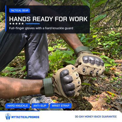 Tactical Gloves worn outdoors, hard black knuckle guard on coyote tan gloves