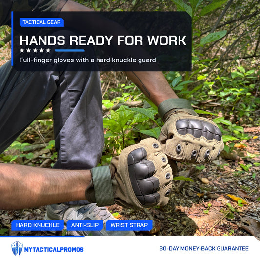 Tactical Gloves worn outdoors, hard black knuckle guard on coyote tan gloves