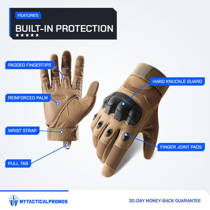 Tactical Gloves features labeled: padded fingertips, reinforced palm, wrist strap, pull tab, hard knuckle guard, finger joint pads