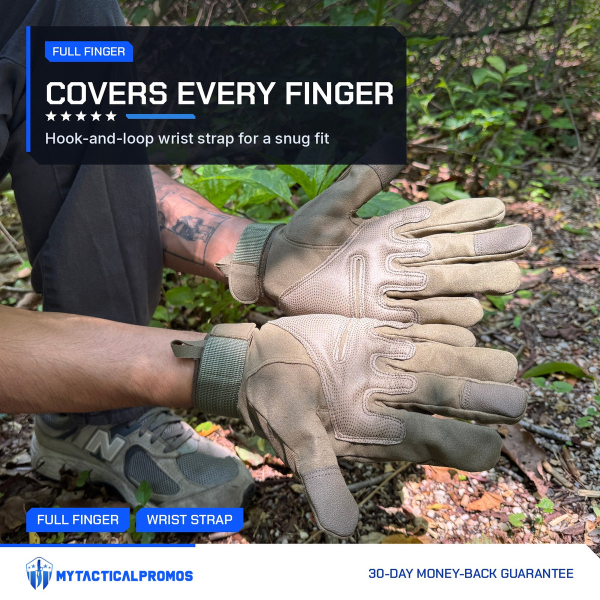 Man pulling on the Tactical Gloves in the woods, full-finger fit
