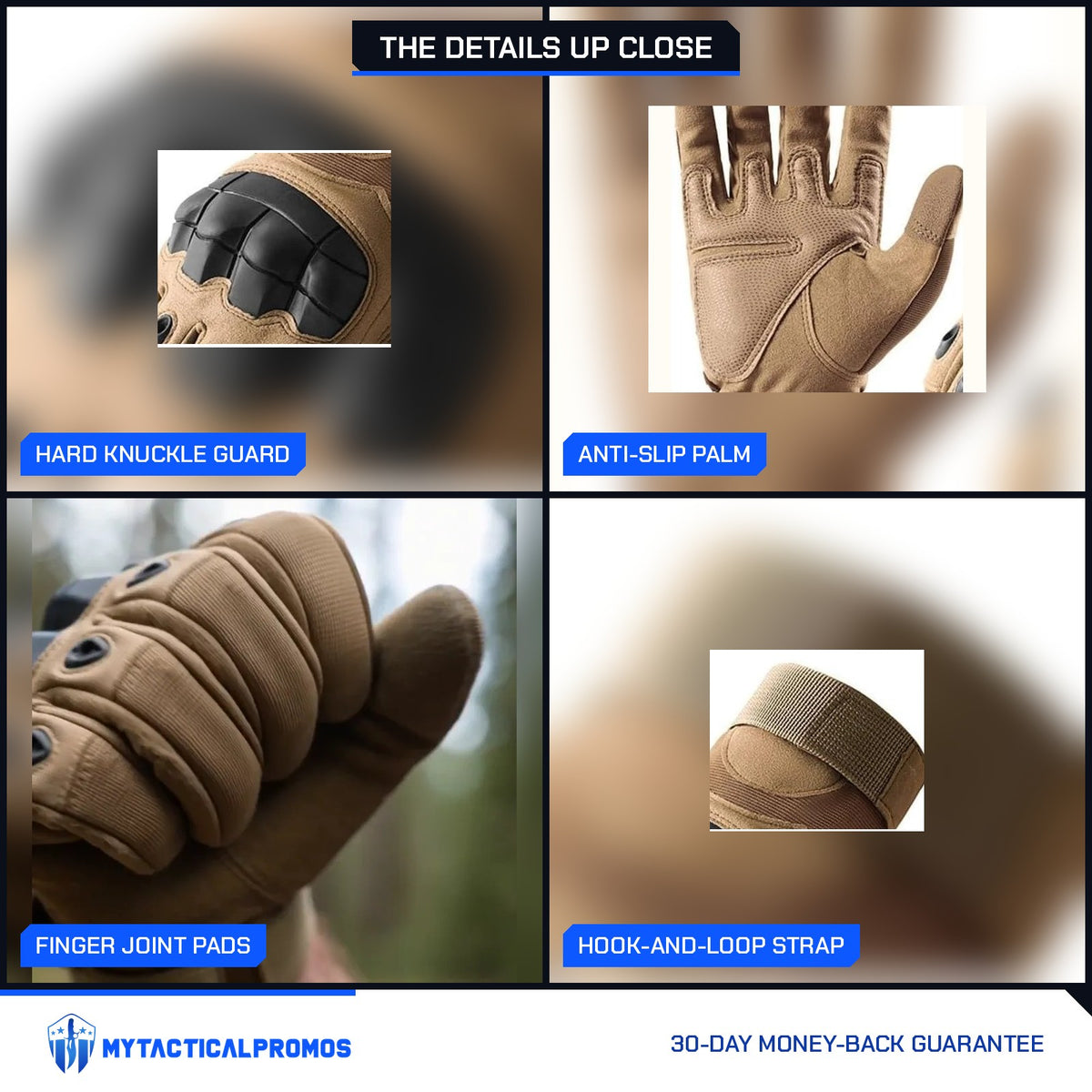 Tactical Gloves close-ups: hard knuckle guard, anti-slip palm, finger joint pads, hook-and-loop strap