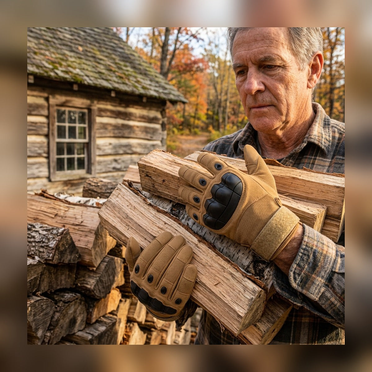 Man carrying split firewood by a cabin wearing the Tactical Gloves