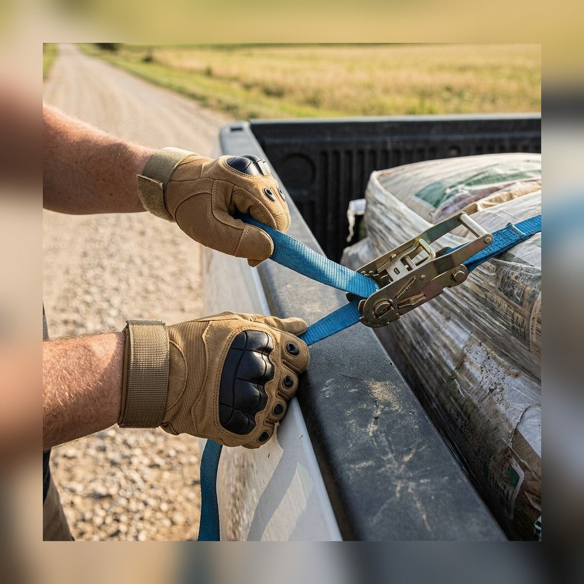 Gloved hands tightening a ratchet strap in a pickup bed with the Tactical Gloves