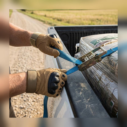 Gloved hands tightening a ratchet strap in a pickup bed with the Tactical Gloves