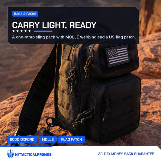 Tactical Shoulder Bag, black MOLLE sling pack with US flag patch on a canyon rock