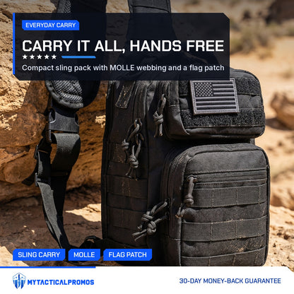 Tactical Shoulder Bag sling pack on desert rocks at sunset