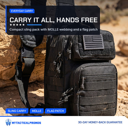 Tactical Shoulder Bag sling pack on desert rocks at sunset