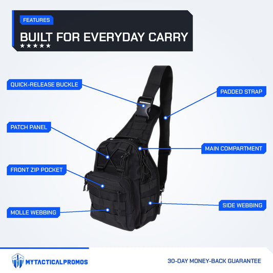 Tactical Shoulder Bag features labeled: quick-release buckle, patch panel, front zip pocket, MOLLE webbing, padded strap, main compartment