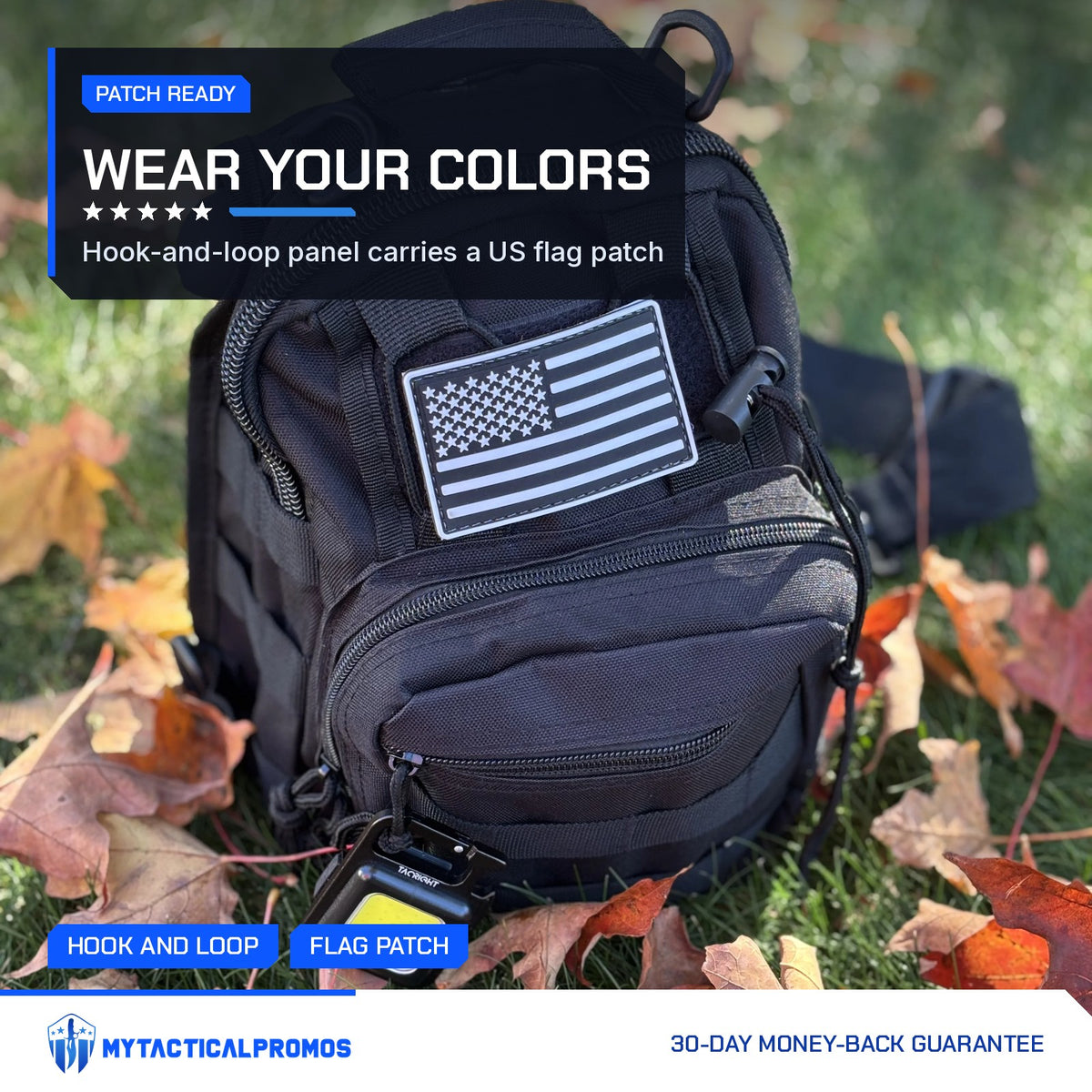 Tactical Shoulder Bag hook-and-loop panel with US flag patch, autumn leaves