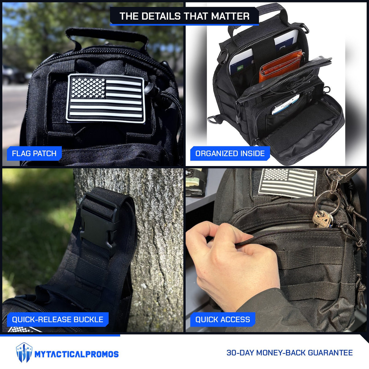 Tactical Shoulder Bag close-ups: flag patch, organized interior, quick-release buckle, front pocket access