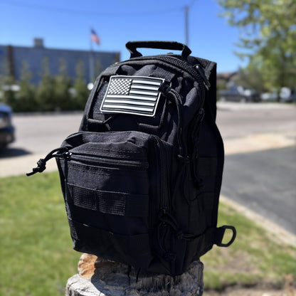 Tactical Shoulder Bag front view with flag patch and MOLLE pouch