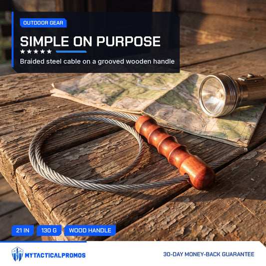 Tactical Whip coiled on a cabin porch table beside a map and flashlight