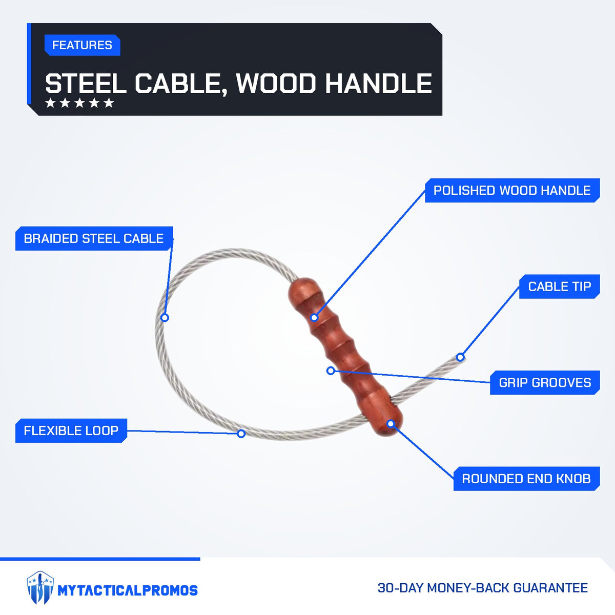 Tactical Whip features labeled: braided steel cable, flexible loop, polished wood handle, grip grooves, rounded end knob, cable tip