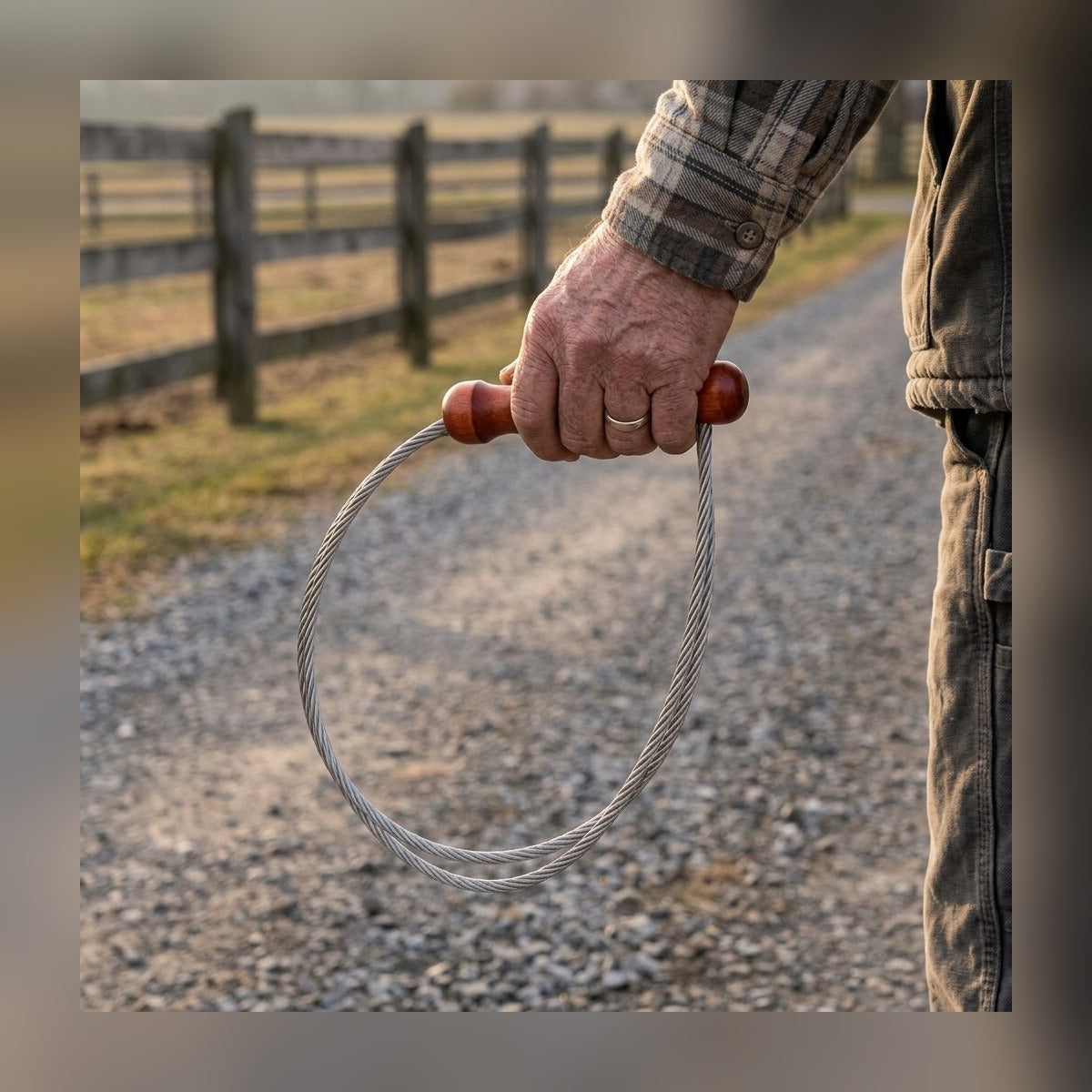 Man holding the Tactical Whip by its wooden handle on a gravel driveway