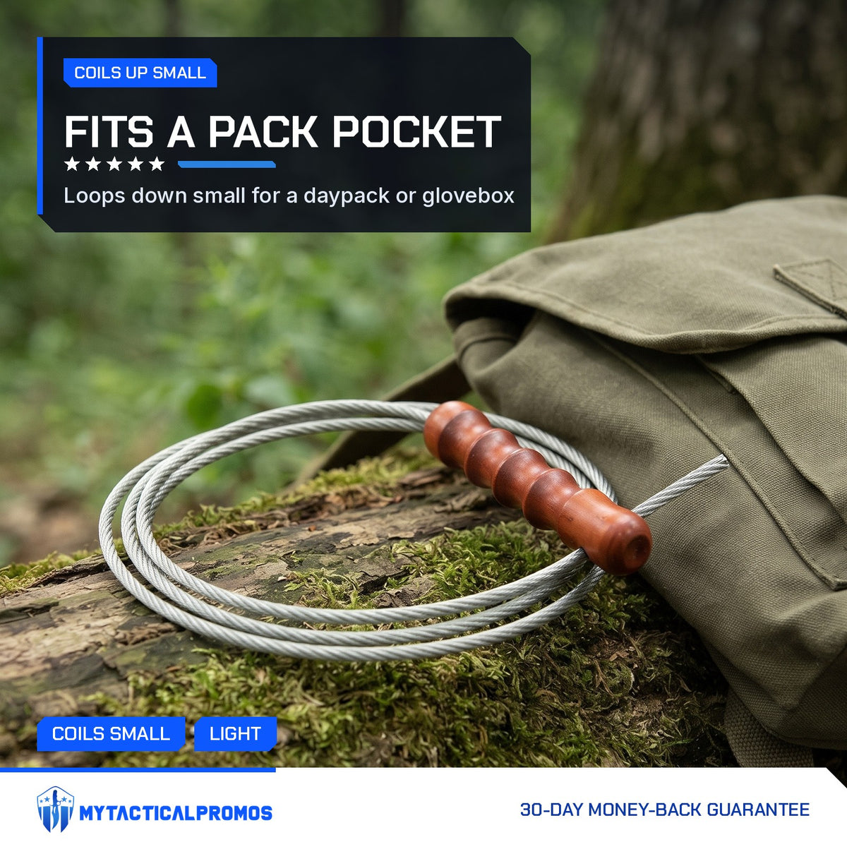 Tactical Whip coiled on a mossy log next to a canvas backpack