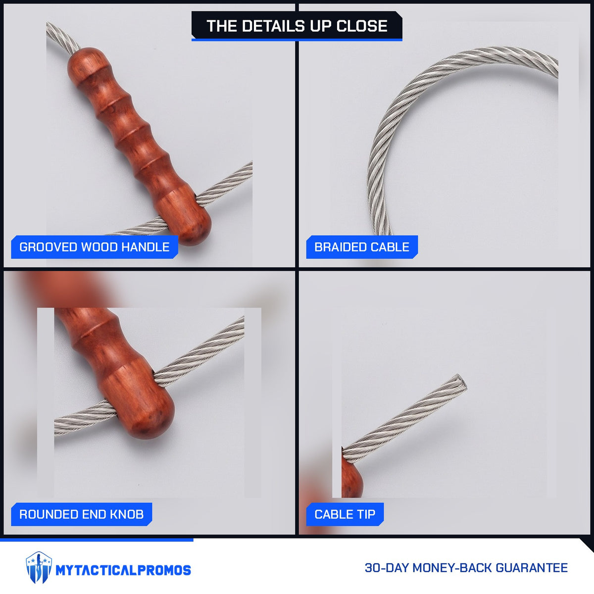 Tactical Whip close-ups: grooved wood handle, braided cable, rounded end knob, cable tip