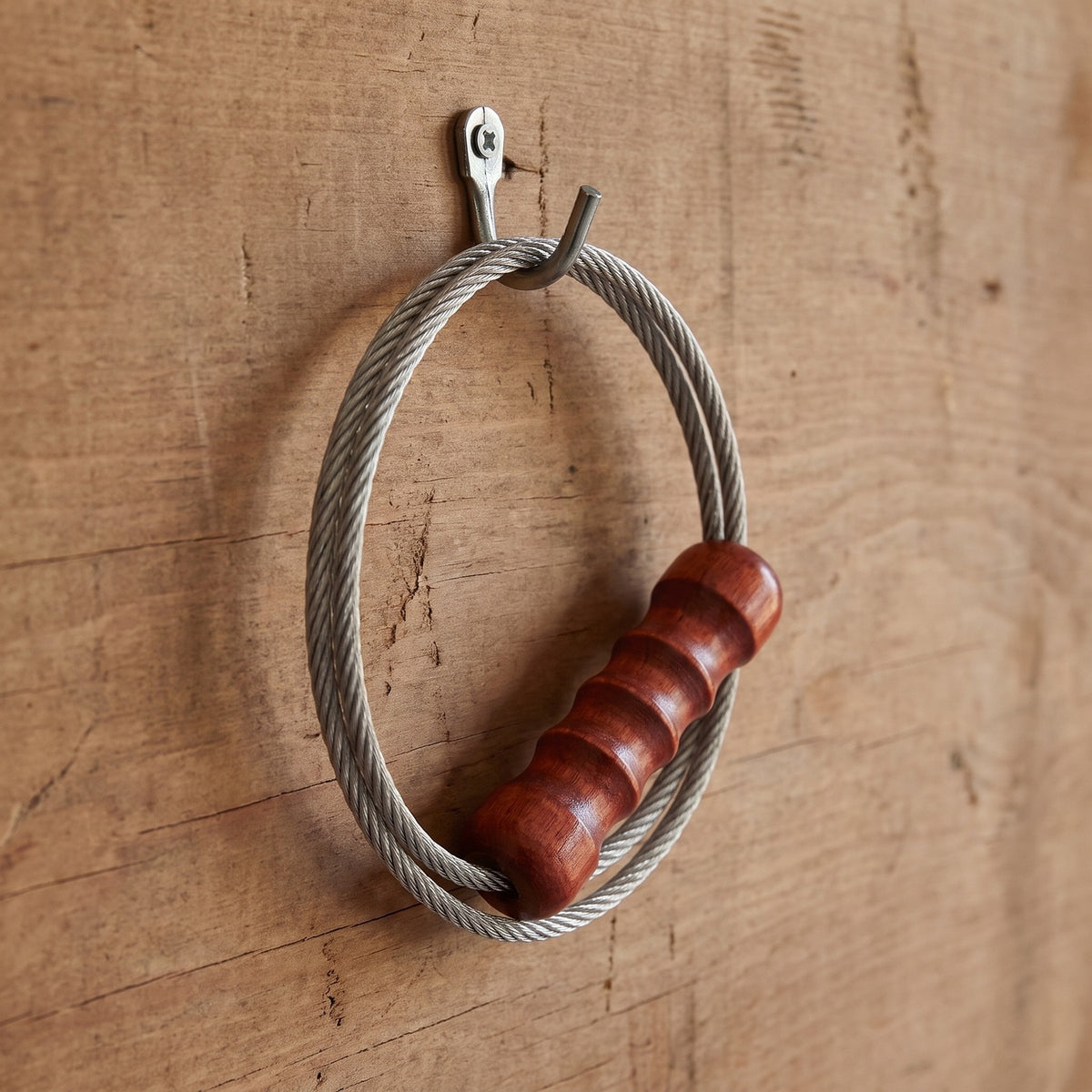 Tactical Whip hanging on a hook on a workshop wall