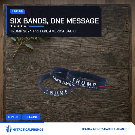 Take America Back Bracelets on a rustic wood table