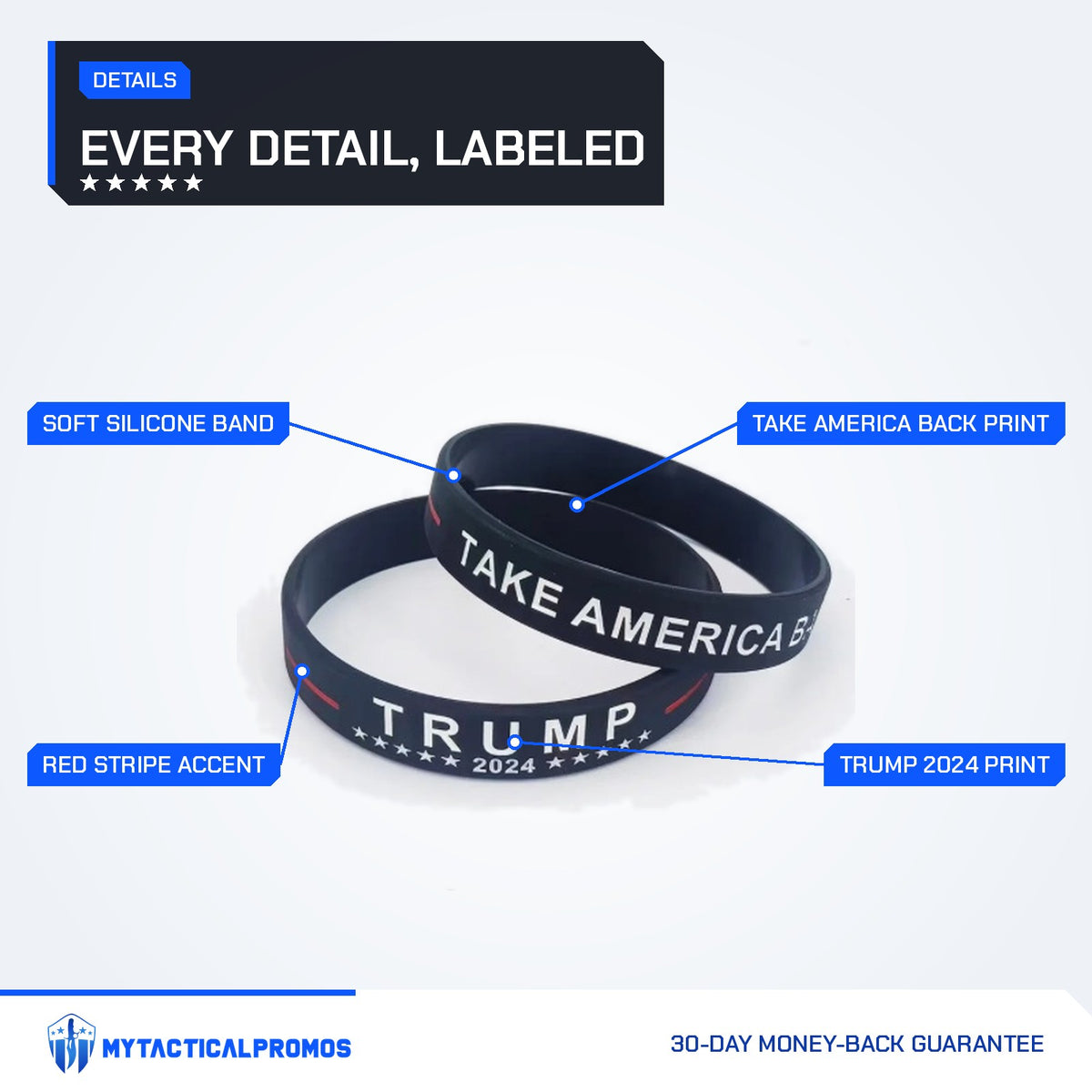 Take America Back Bracelets features labeled: TRUMP 2024 print, TAKE AMERICA BACK print, red stripe accent, soft silicone band