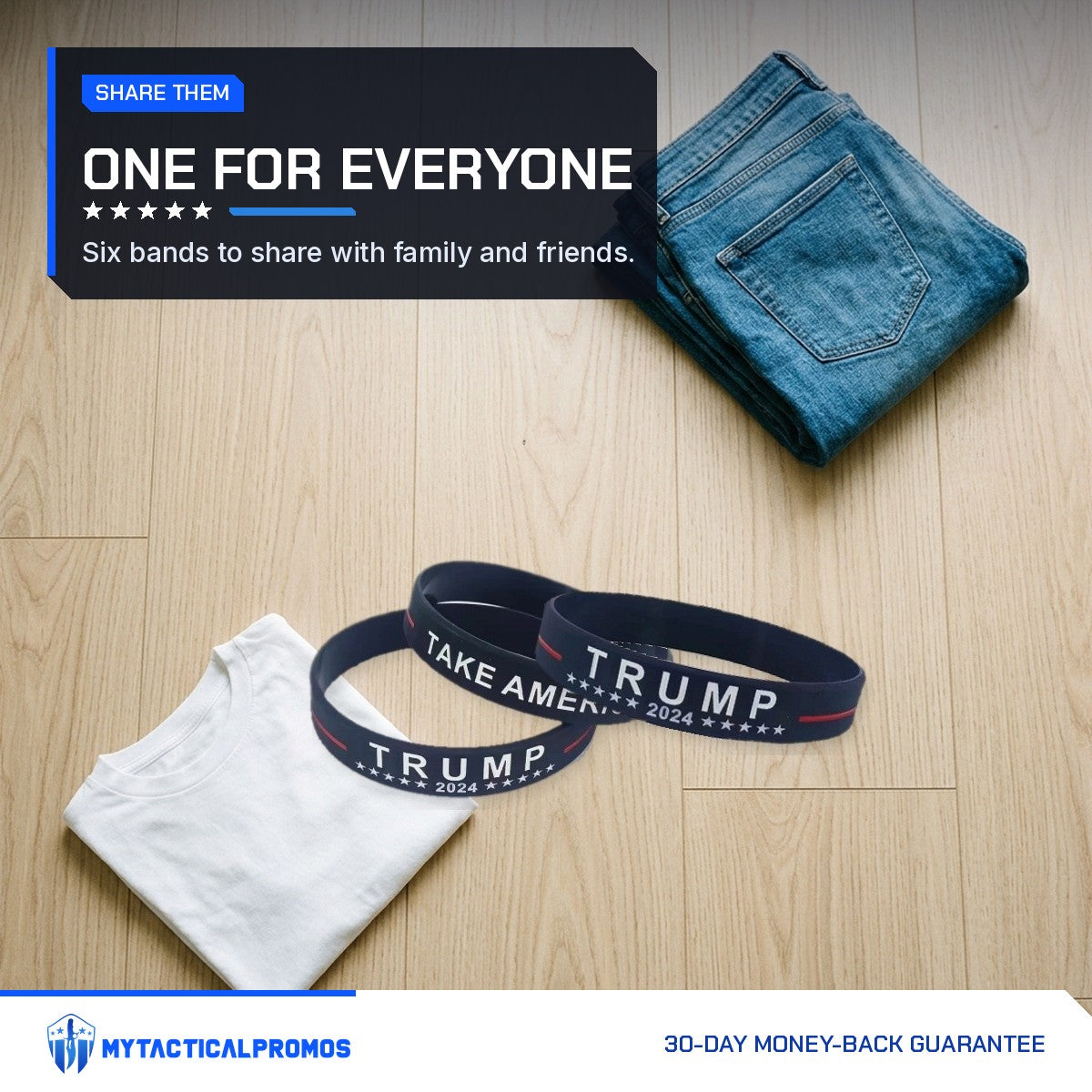 Take America Back Bracelets laid on denim and a white t-shirt
