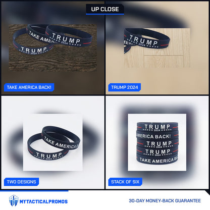 Take America Back Bracelets close-ups: TAKE AMERICA BACK print, TRUMP 2024 print, both designs, stack of six