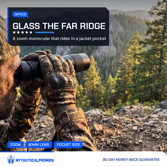 Zoom Monocular Telescope in use by a hunter glassing a mountain ridge