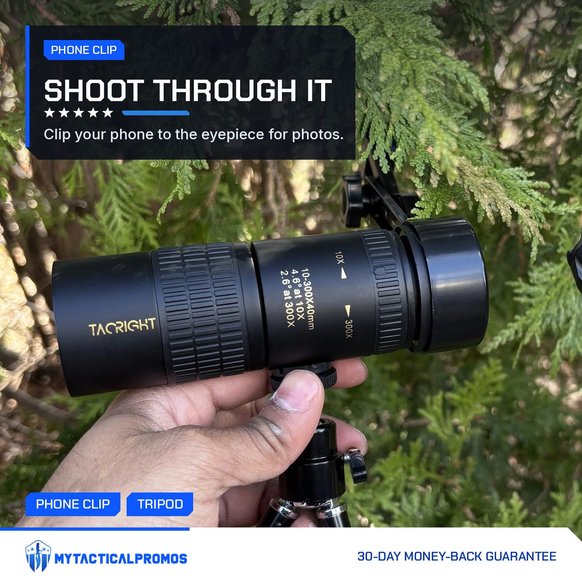 Zoom Monocular Telescope with the phone clip on the eyepiece, held on its tripod outdoors