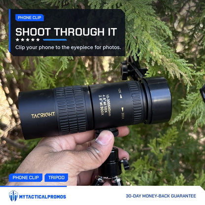 Zoom Monocular Telescope with the phone clip on the eyepiece, held on its tripod outdoors