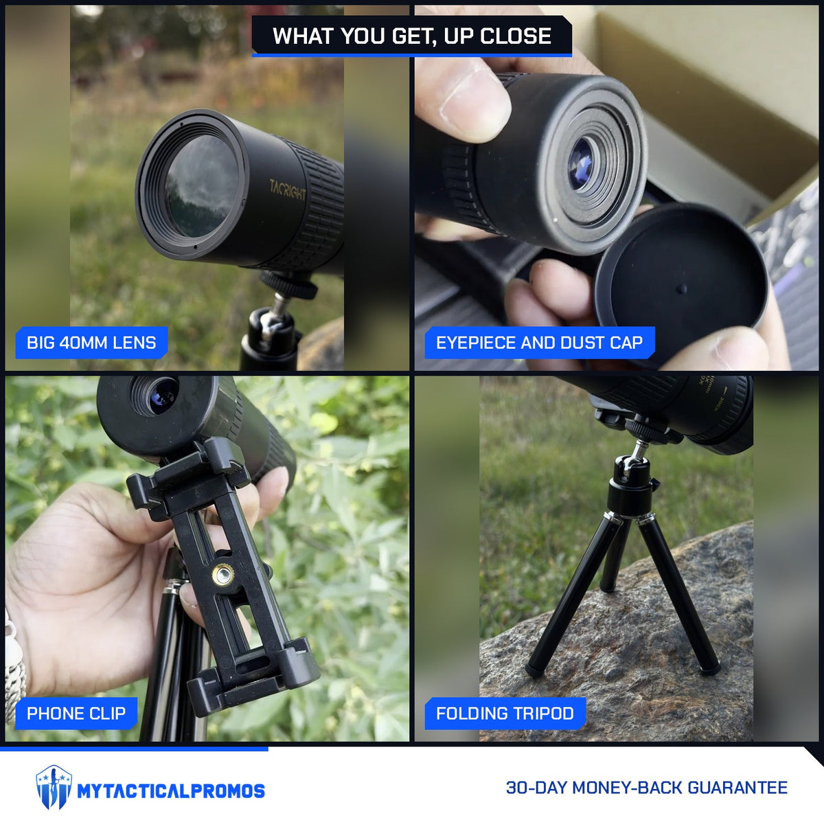 Zoom Monocular Telescope close-ups: big 40mm lens, eyepiece and dust cap, phone clip, folding tripod