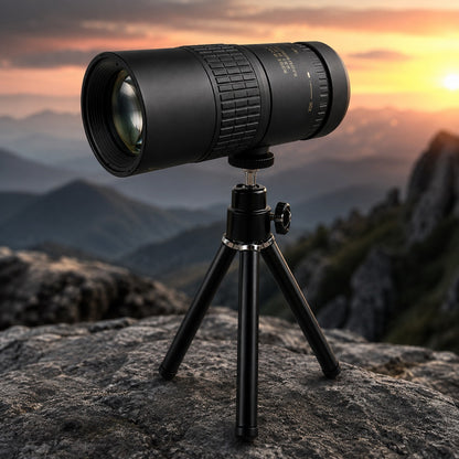Zoom Monocular Telescope on its mini tripod on a rock at sunset