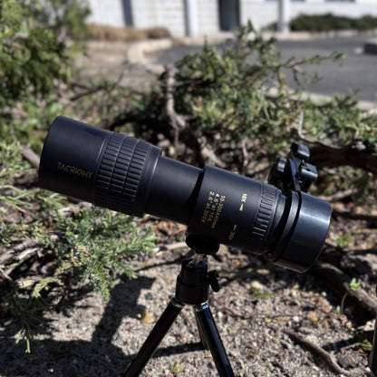 Zoom Monocular Telescope on its tripod in low brush outdoors