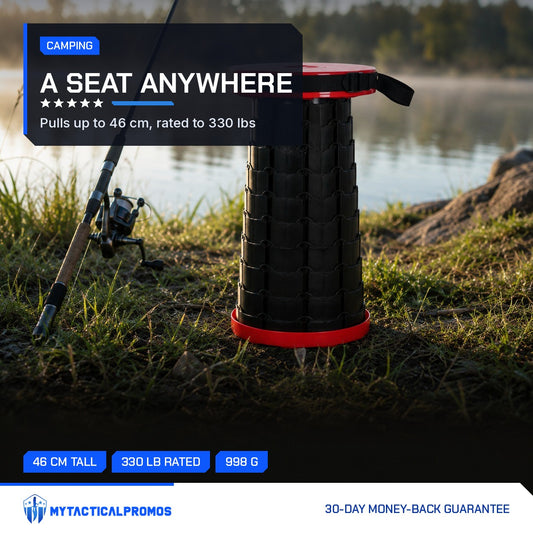 Telescoping Camp Stool extended beside a lake with a fishing rod