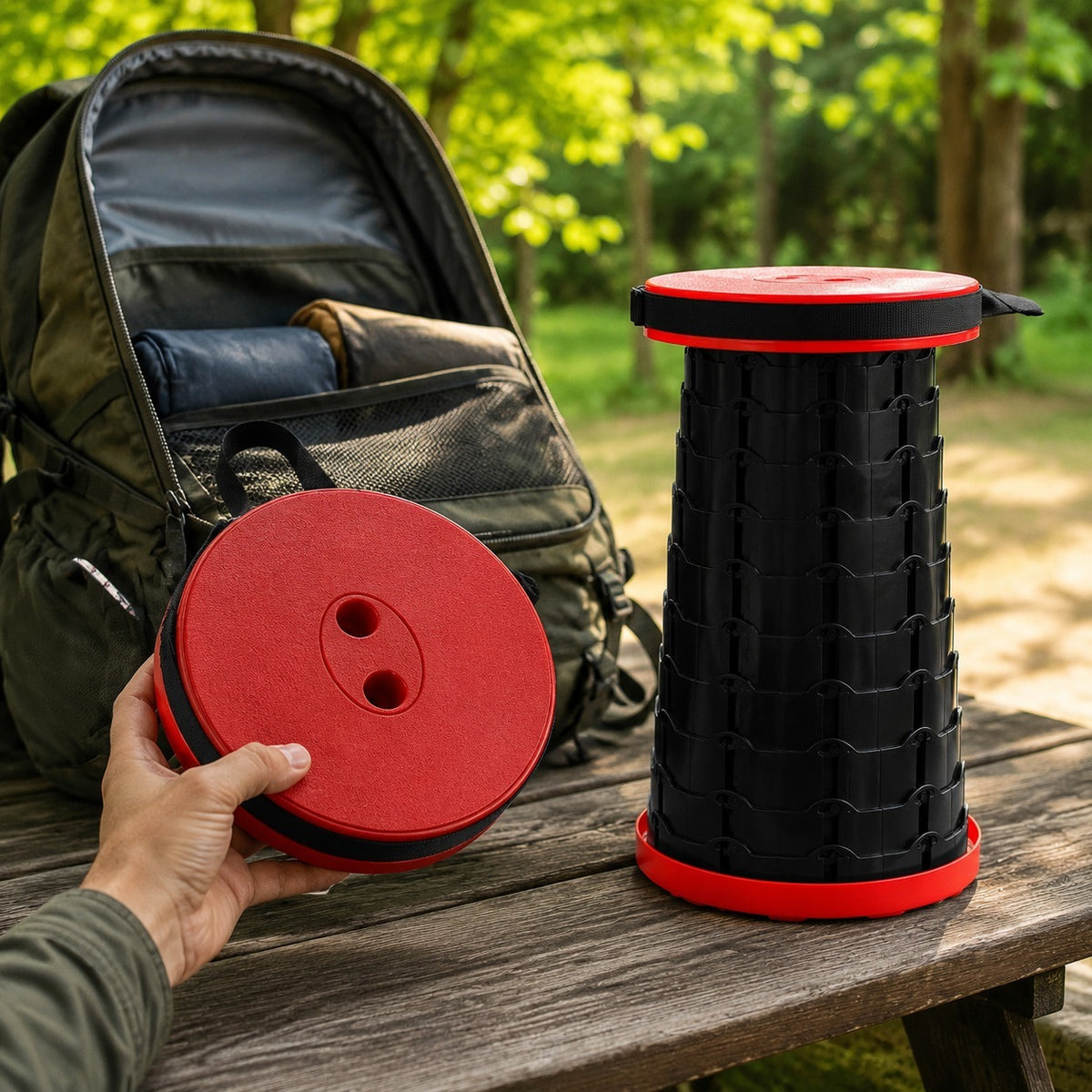 Collapsed Telescoping Camp Stool held next to a backpack on a picnic table
