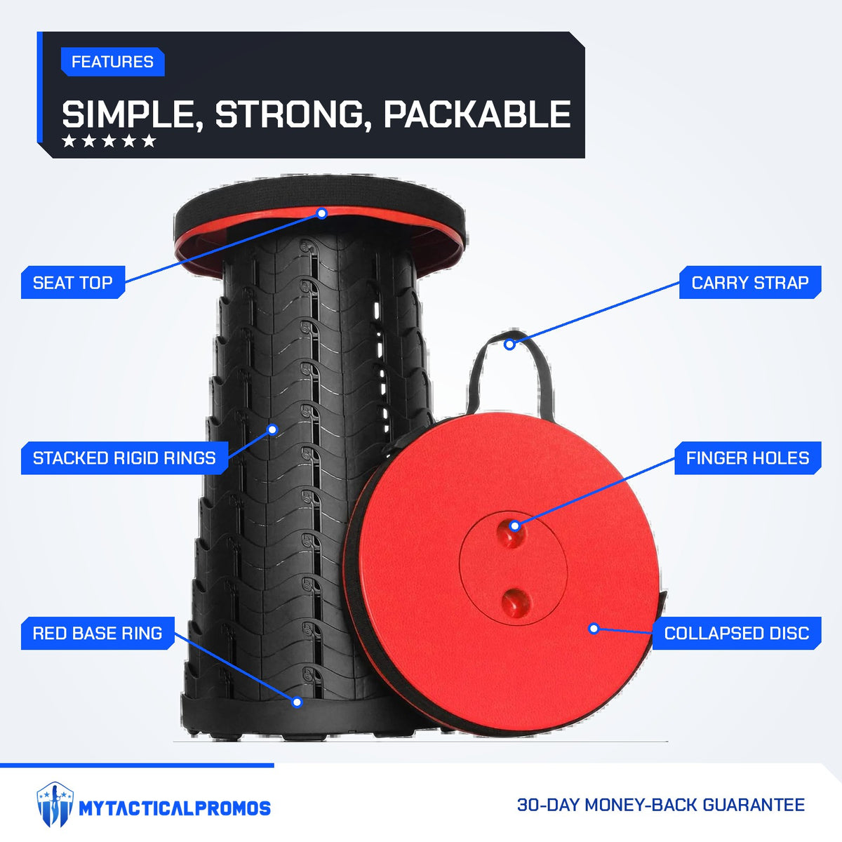 Telescoping Camp Stool features labeled: seat top, stacked rigid rings, red base ring, carry strap, finger holes, collapsed disc