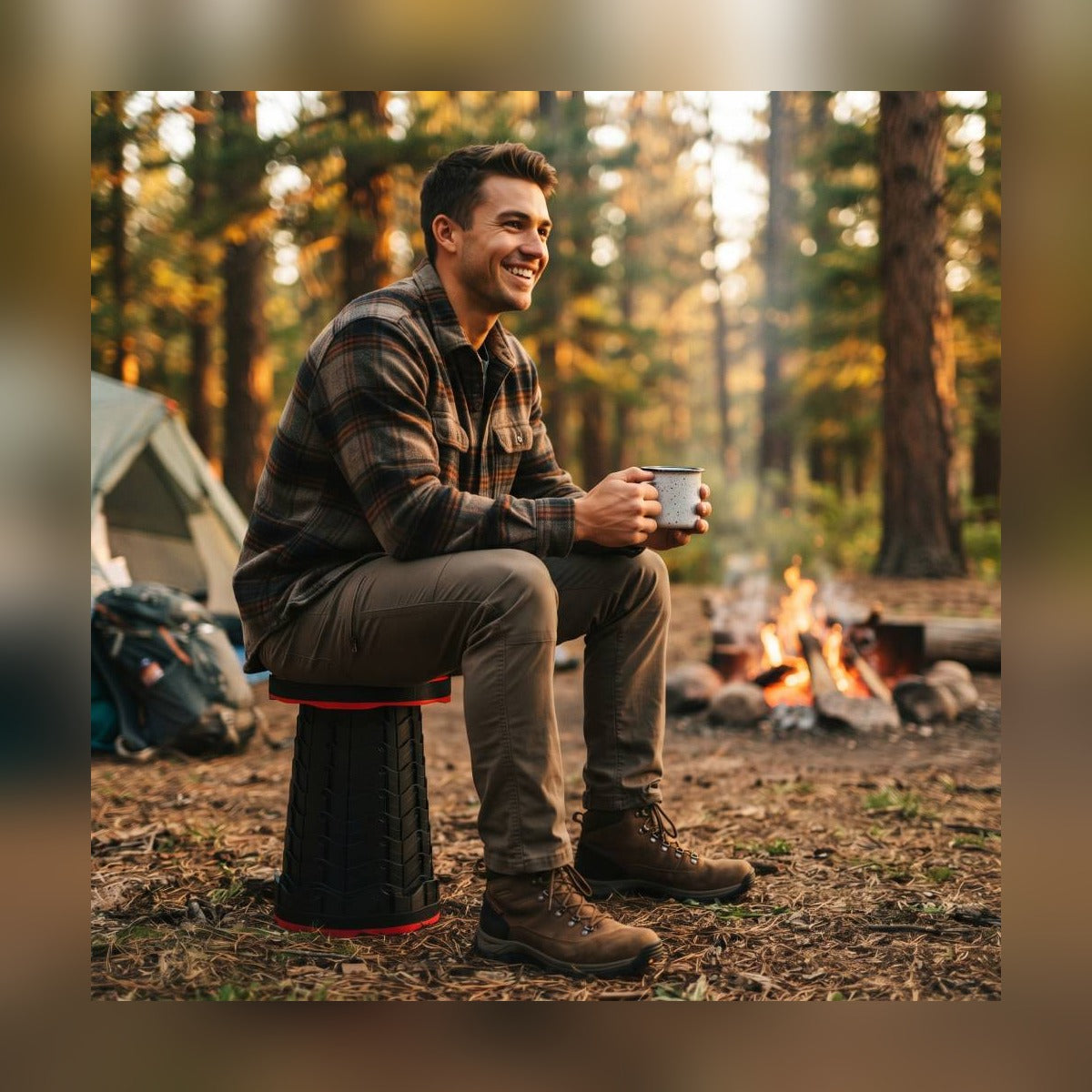 Man sitting on the Telescoping Camp Stool by a campfire with a mug