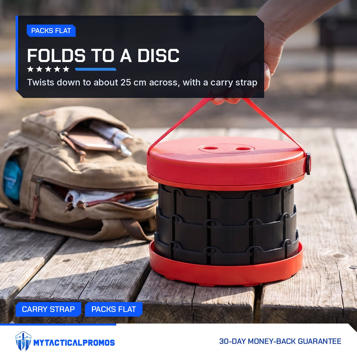 Telescoping Camp Stool collapsed flat and carried by its strap